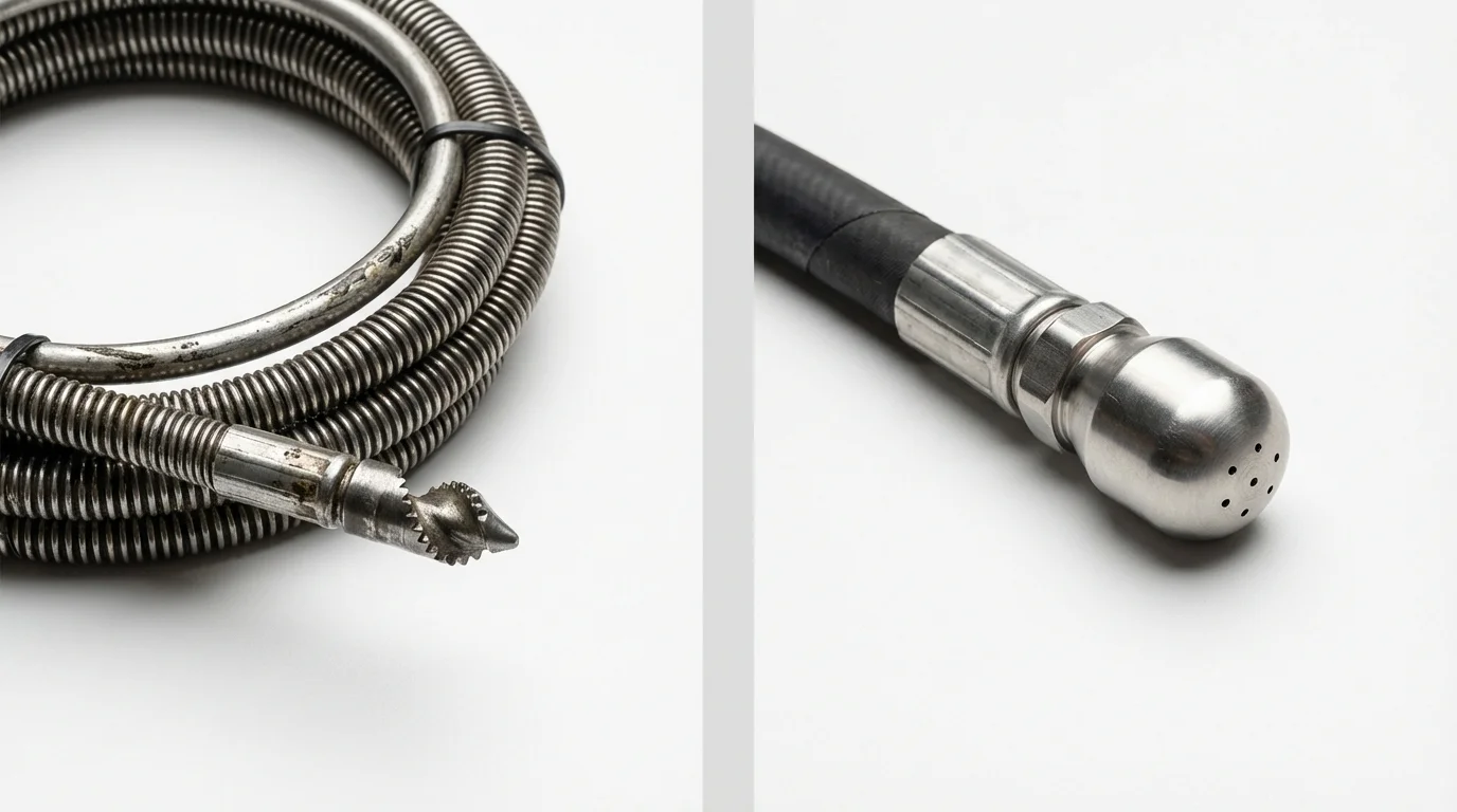 Drain snake cable and hydro jetting nozzle used for drain cleaning in Weldon, CA