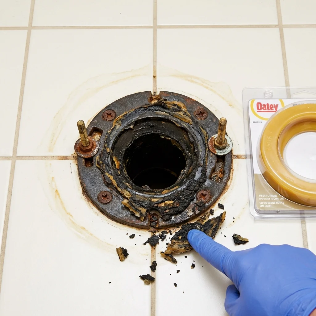Failed wax ring showing water seepage at the base of a toilet in a Weldon, CA home