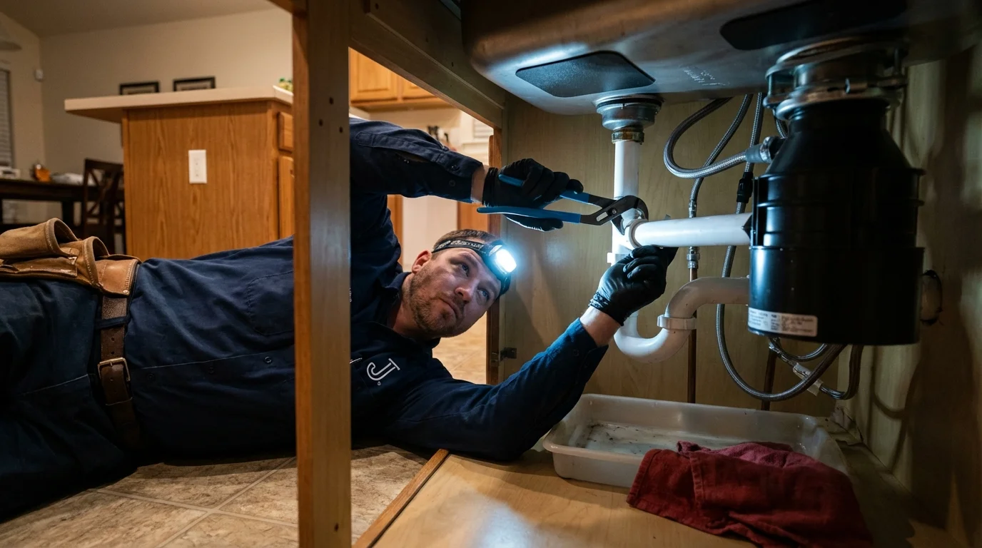 P-trap and supply line connections under a kitchen sink showing a common leak point in Weldon, CA